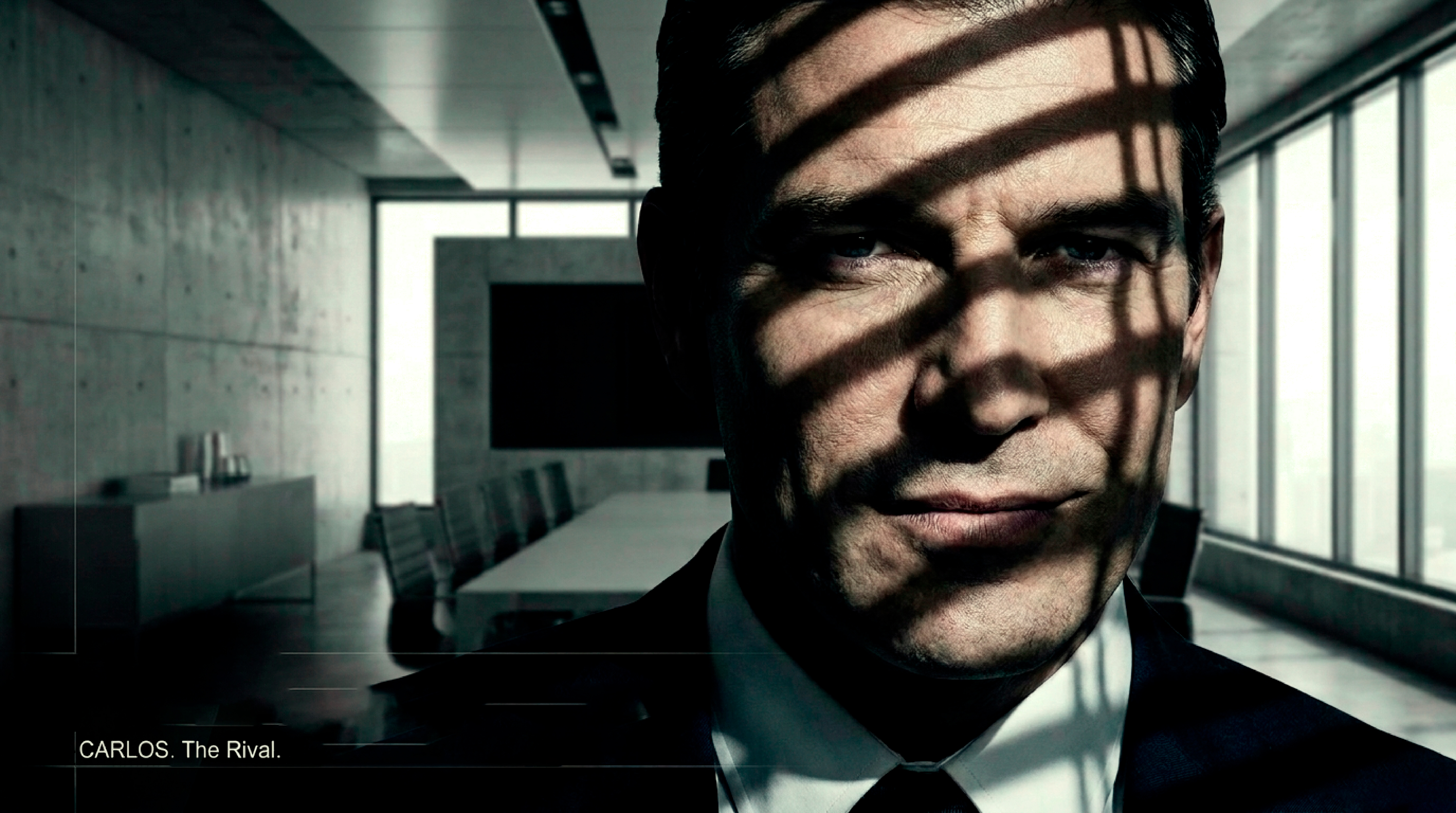 A corporate rival in a severe modern office, his face crossed by bands of shadow.
