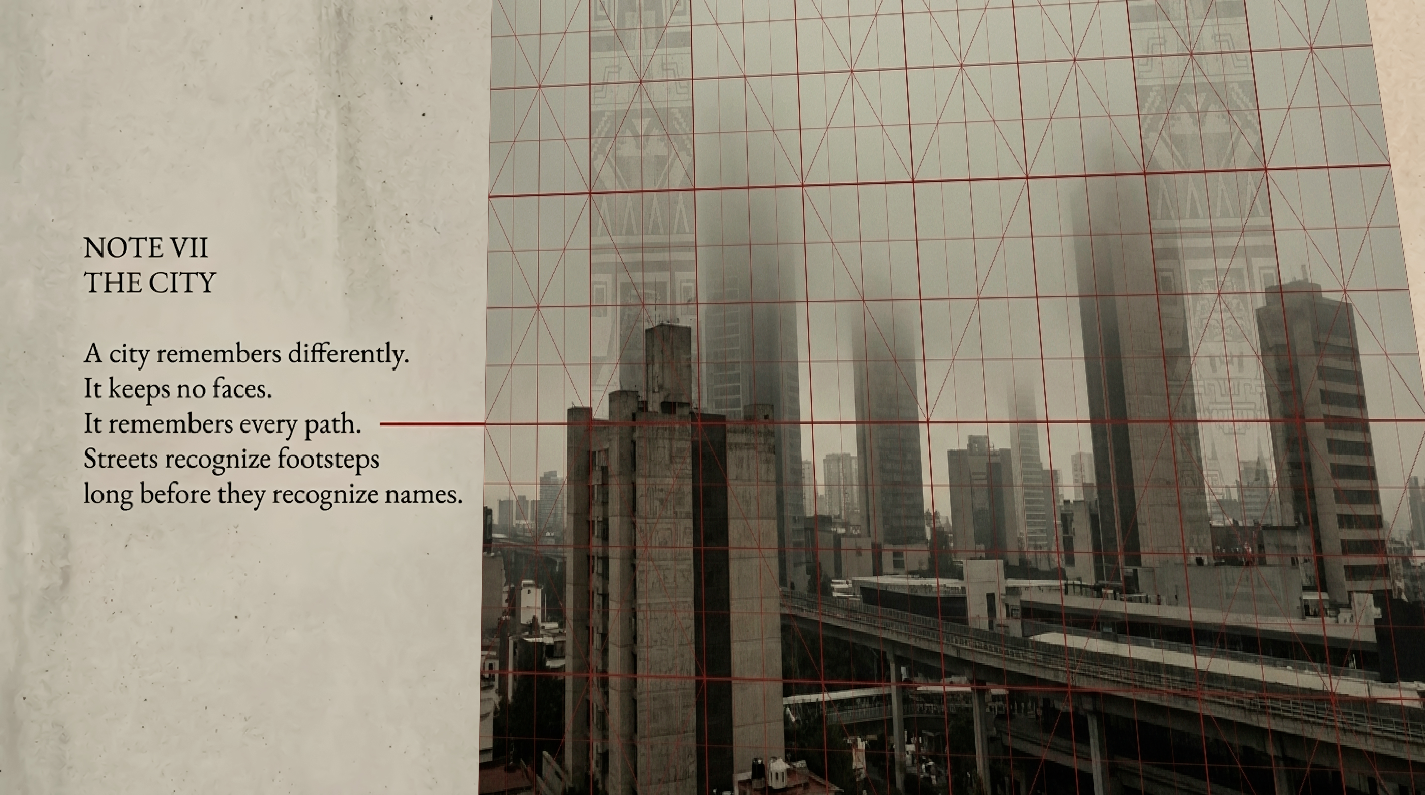 Mexico City towers and elevated roads seen through a red architectural grid.