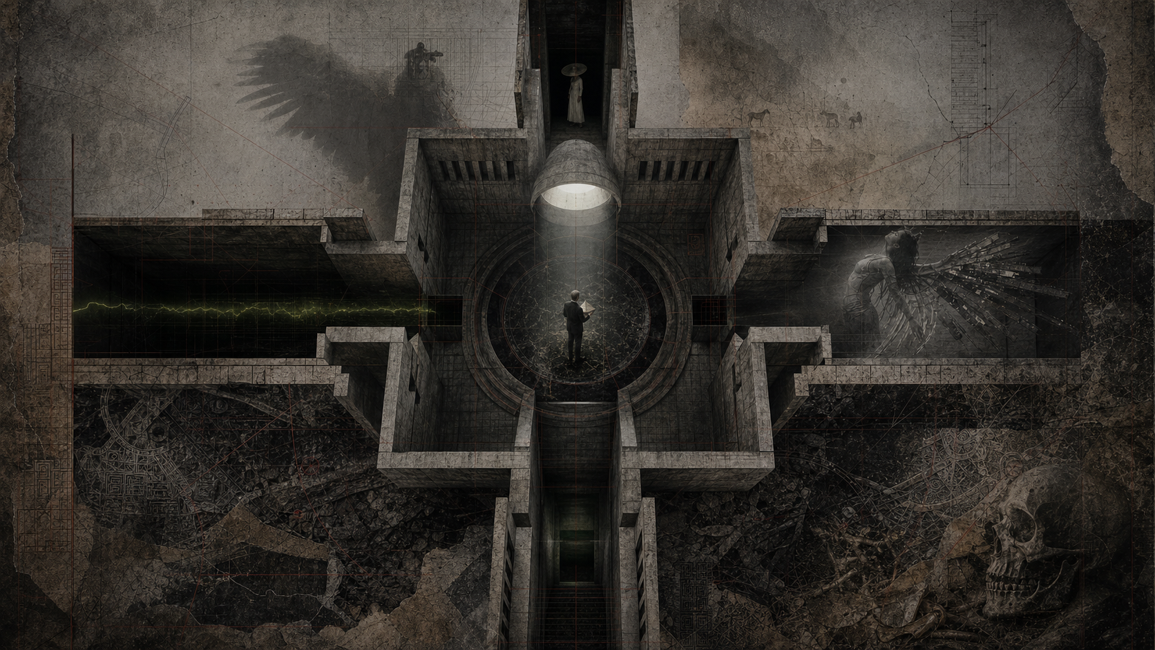 An impossible cross-shaped cutaway through the house, with an architect in the circular centre and shadow figures in its four wings.